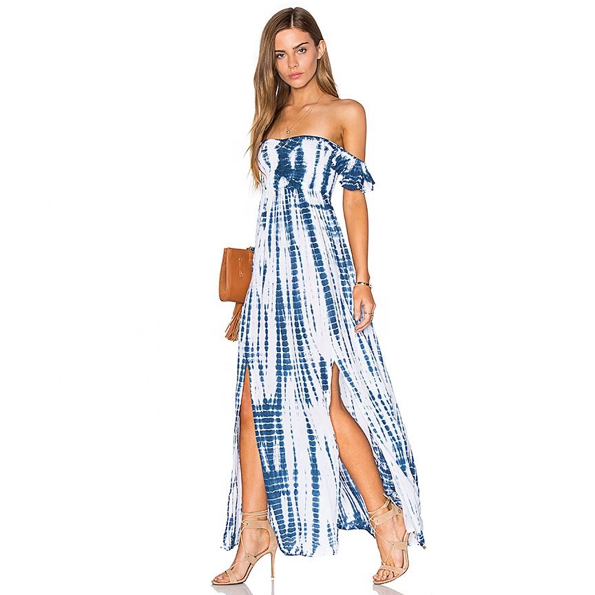 Women's Summer Off Shoulder Hawaiian Dress Ladies Wear Tie Dye Resort Beach Dress