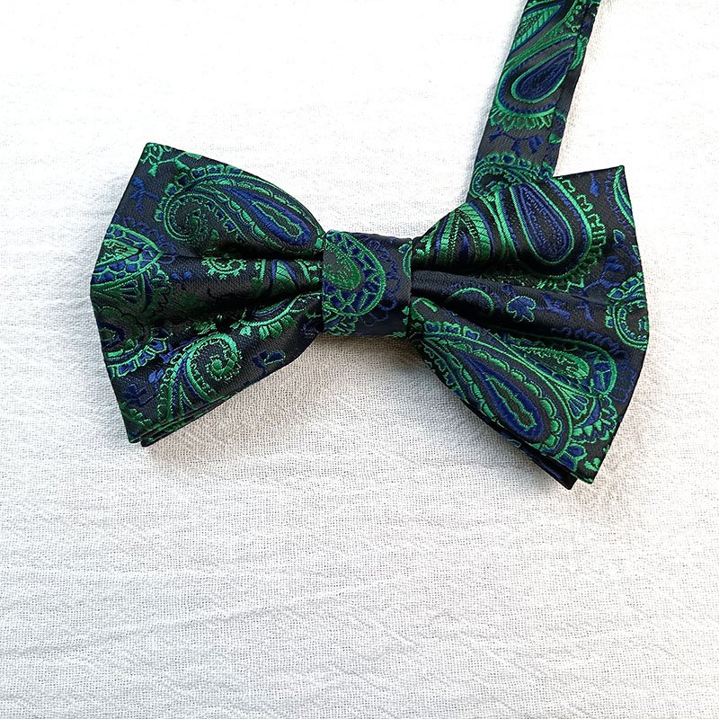 Mens Formal Gift Tie Set Bow Tie Pocket Squares Men Black Color With Green Paisley Floral Necktie Set