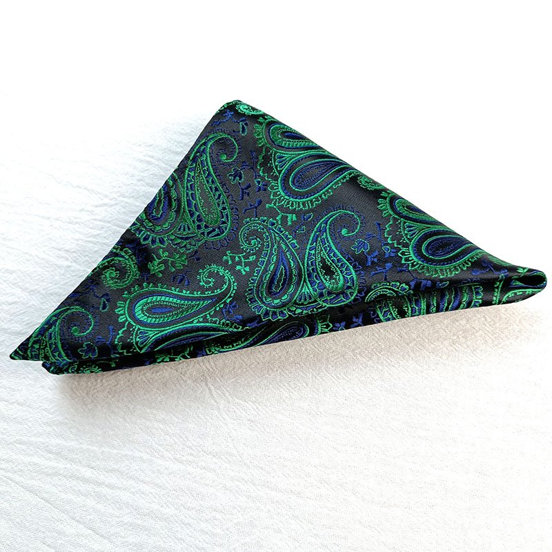 Mens Formal Gift Tie Set Bow Tie Pocket Squares Men Black Color With Green Paisley Floral Necktie Set