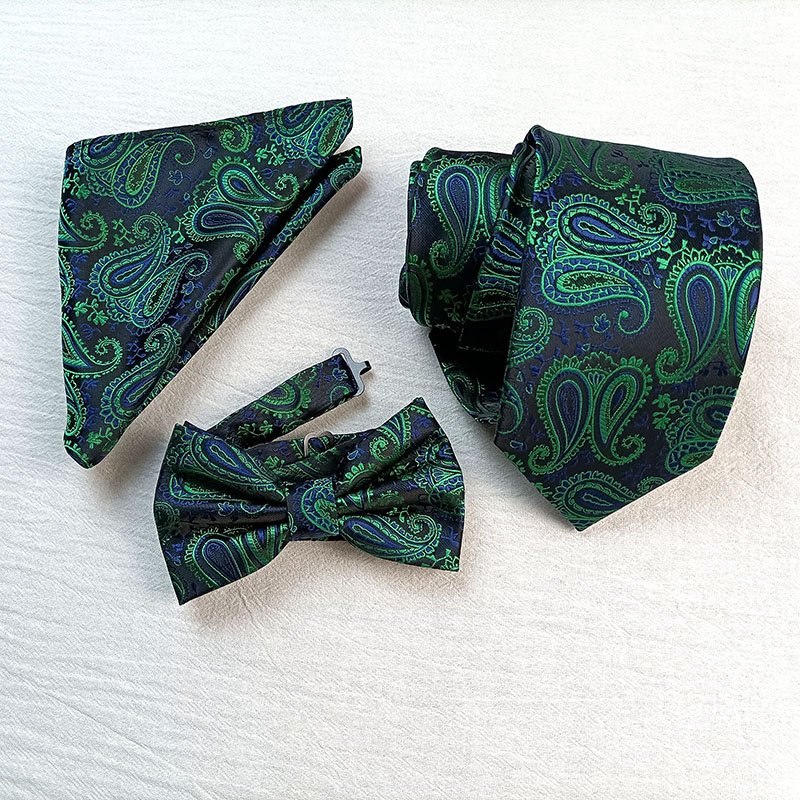 Mens Formal Gift Tie Set Bow Tie Pocket Squares Men Black Color With Green Paisley Floral Necktie Set