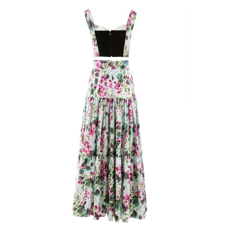 New Arrival Fashion Chiffon Floral Dress Casual V Neck Mesh Print Maxi Dresses Women Elegant Long Dress