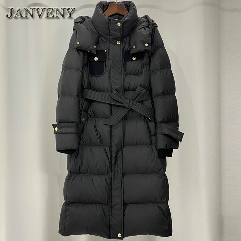 JANVENY New Winter Over The Knee Hooded Puffer Down Jacket Women Tie Up Thicken Warm 90% White Duck Down Jacket Waterproof Parka