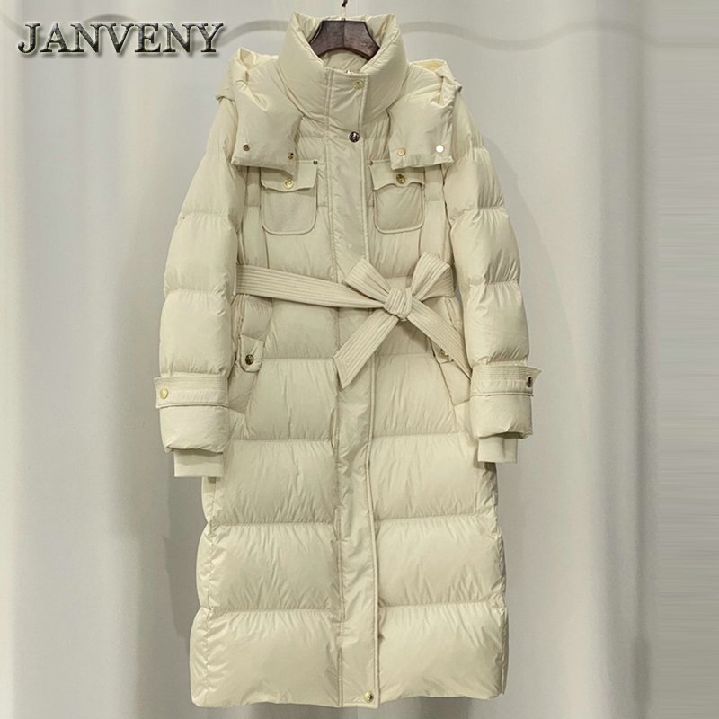 JANVENY New Winter Over The Knee Hooded Puffer Down Jacket Women Tie Up Thicken Warm 90% White Duck Down Jacket Waterproof Parka