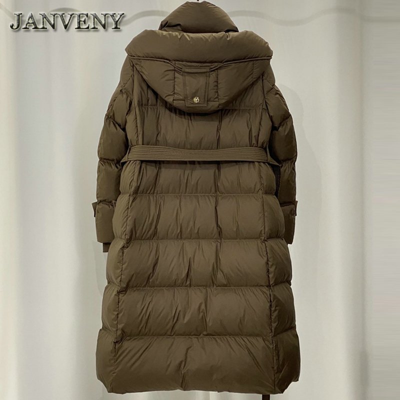 JANVENY New Winter Over The Knee Hooded Puffer Down Jacket Women Tie Up Thicken Warm 90% White Duck Down Jacket Waterproof Parka