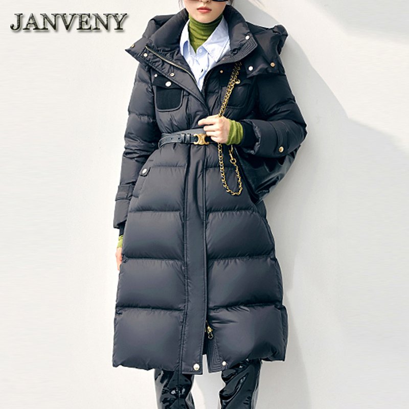 JANVENY New Winter Over The Knee Hooded Puffer Down Jacket Women Tie Up Thicken Warm 90% White Duck Down Jacket Waterproof Parka