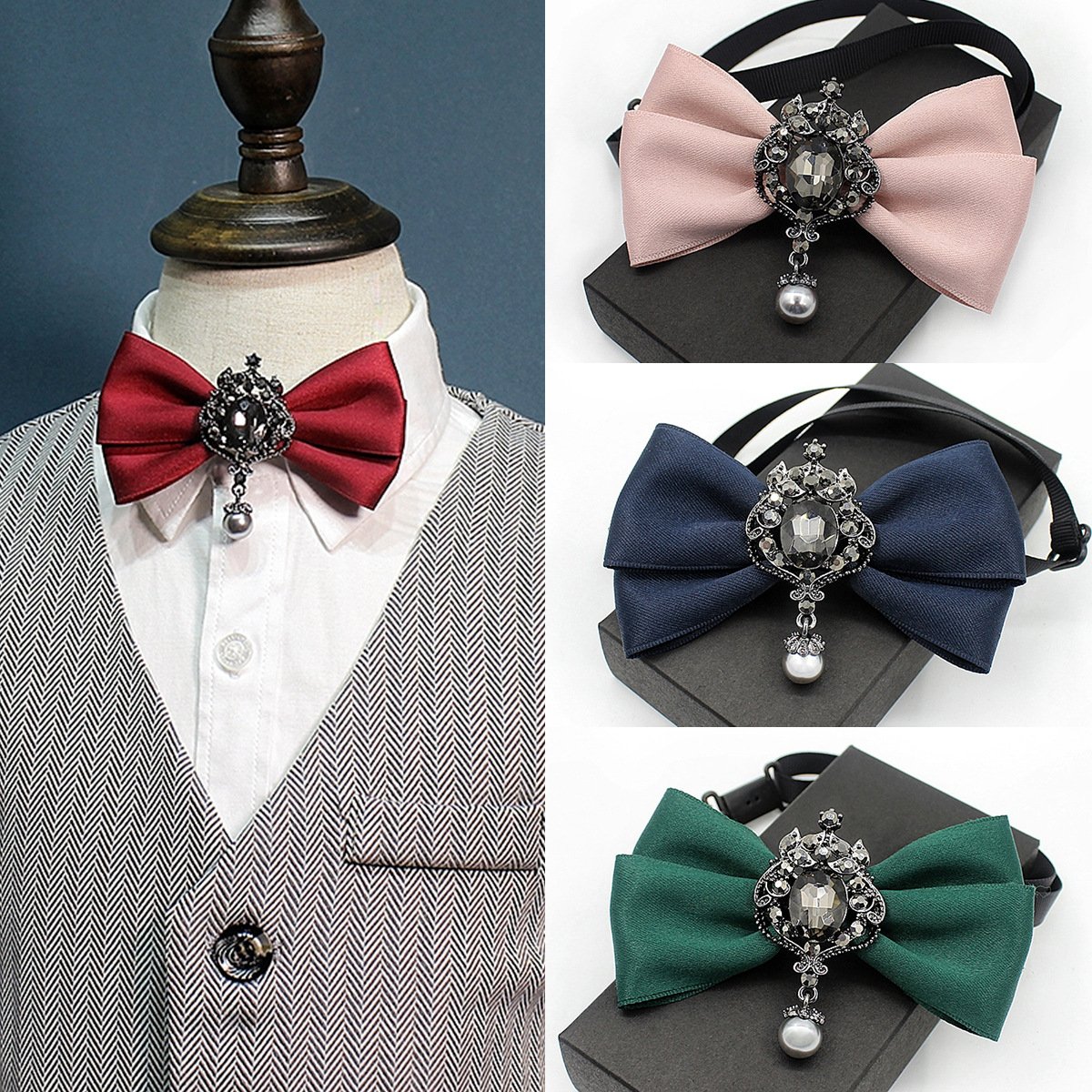 Hot Sale Rhinestone Bow Tie Crystal Bowties Silk Party Luxury Satin Red Plaid Women Adjustable Mens