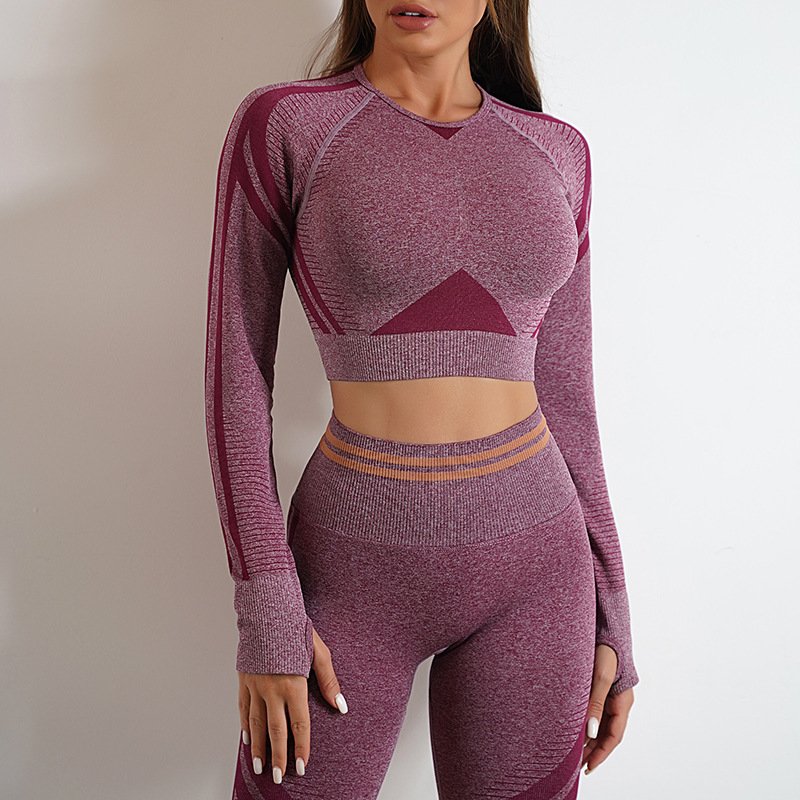 Hot sale women workout 2 pieces long sleeves solid stripe high waist peach hip pants sports fitness skin friendly yoga sets