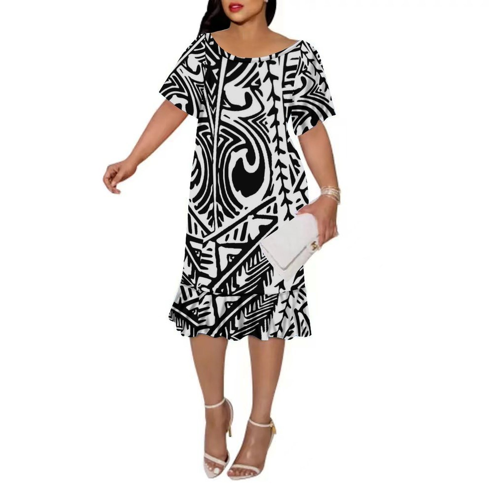 Hot Selling Custom Tonga Polynesian Tribal Print Fishtail Dresses Women Elegant Big Size Sleeve Pleated Midi Dress Samoan Dress