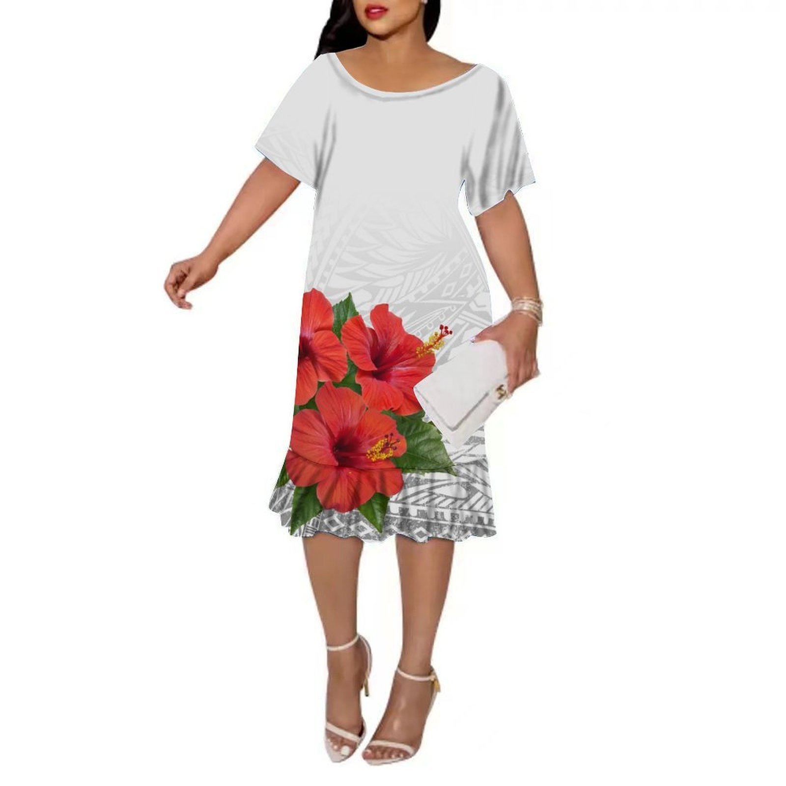 Hot Selling Custom Tonga Polynesian Tribal Print Fishtail Dresses Women Elegant Big Size Sleeve Pleated Midi Dress Samoan Dress