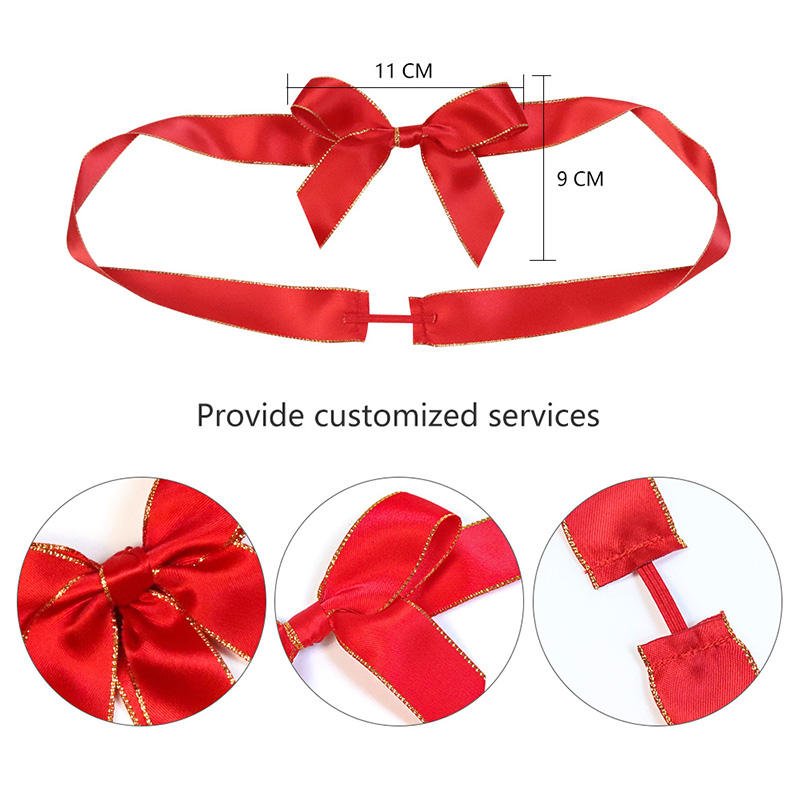 Personalized custom logo pre-tied satin ribbon bows with stretch loop rlbbons for gift box packing