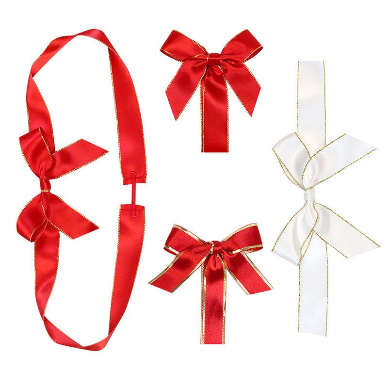 Personalized custom logo pre-tied satin ribbon bows with stretch loop rlbbons for gift box packing