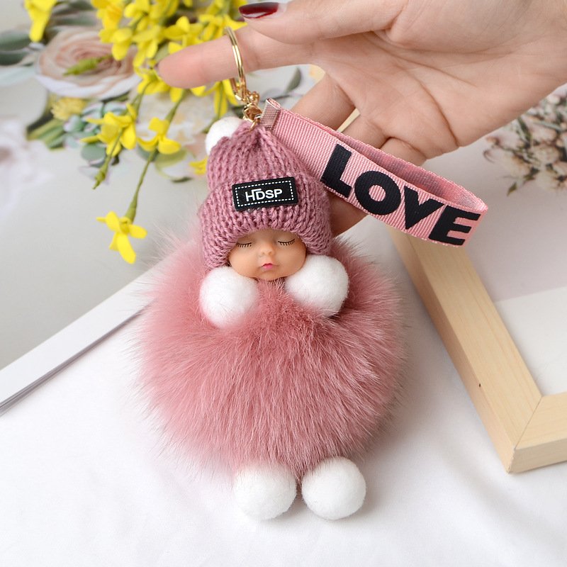 Wholesale 22 Colors 9 Cm Cute Kawaii Sleeping Baby Doll Pom Pom Fur Plush Keychain Small For Handbag Pendant