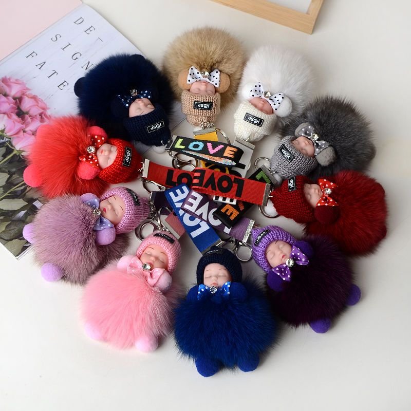 Wholesale 22 Colors 9 Cm Cute Kawaii Sleeping Baby Doll Pom Pom Fur Plush Keychain Small For Handbag Pendant