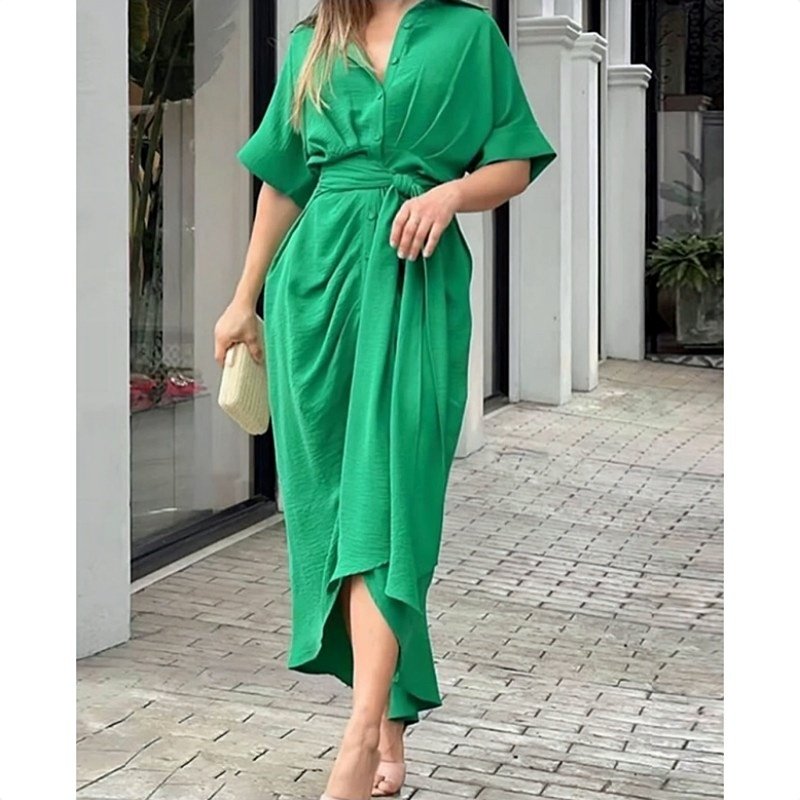 2024 Women Summer Casual Dress Short Sleeve Floral Print Dress Single Breasted Long Lace-up Dresses