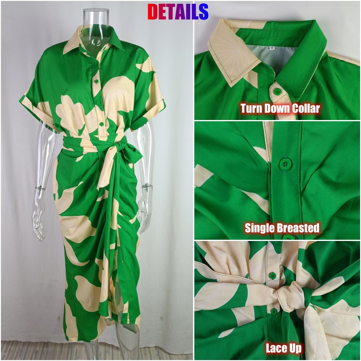 2024 Women Summer Casual Dress Short Sleeve Floral Print Dress Single Breasted Long Lace-up Dresses