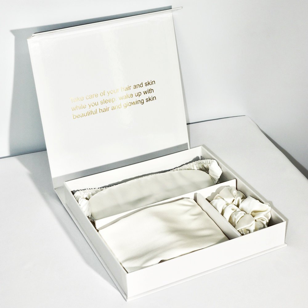 luxury white silk gift set 6a 100% mulberry custom silk pillowcase eye mask hair scrunchies silk sleep mask set gift
