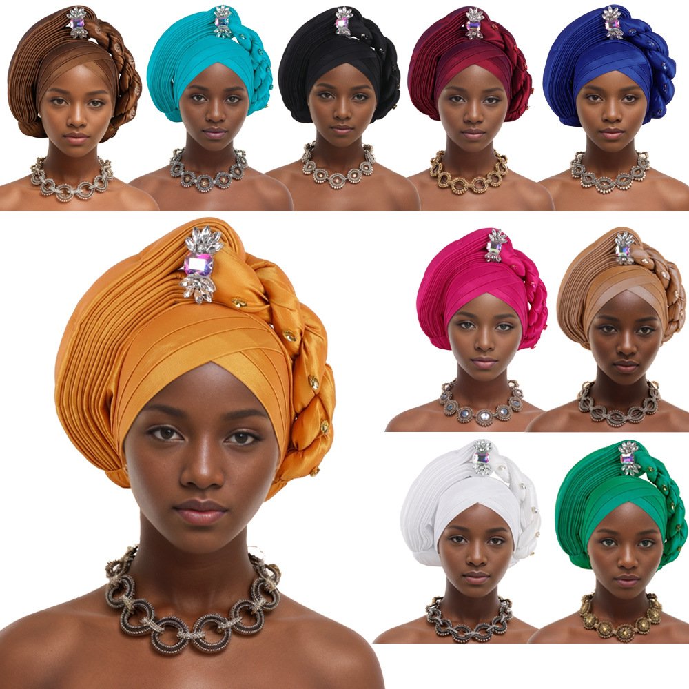 Whosale 2024 new arrival ladies beaded turbans headwear fashion plain pre-tied twisted muslim women's african hat styles