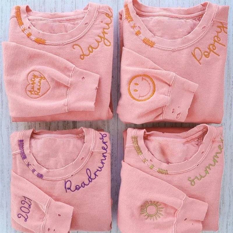 Customized Distressed Sweatshirt with Embroidered Collar Handmade OEM Service Custom Hoodie 1 Piece Knitted Fabric Unisex
