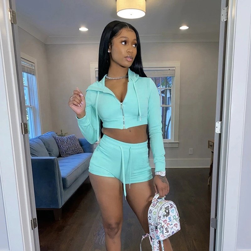 Two piece clothing hoodie tracksuit set Women Long Sleeves Zipper Hood Patchwork Cotton Solid Casual Pants Set