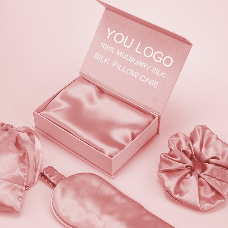 Custom logo pure silk pillowcase scrunchie with box hair tie 100% mulberry silk sleep eye mask and pillow case set