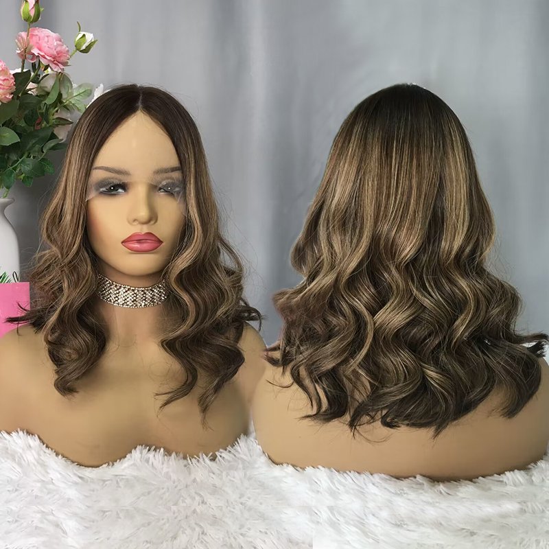 Guangzhou hot sale remy human hair double draw dark root dark blond with highlights lace front wigs for white women