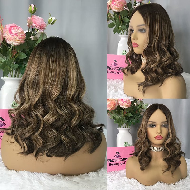 Guangzhou hot sale remy human hair double draw dark root dark blond with highlights lace front wigs for white women