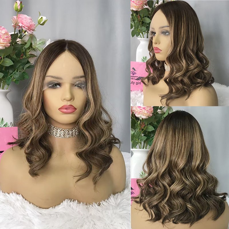 Guangzhou hot sale remy human hair double draw dark root dark blond with highlights lace front wigs for white women