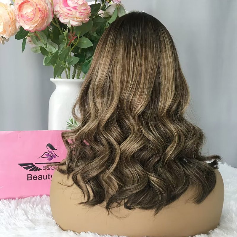 Guangzhou hot sale remy human hair double draw dark root dark blond with highlights lace front wigs for white women