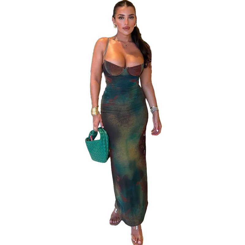 Kliou K23D36198 Summer Maxi Dresses Ladies Elegant Spaghetti Strap Slim Dress Vintage Tie Dye Print Women Casual Dresses