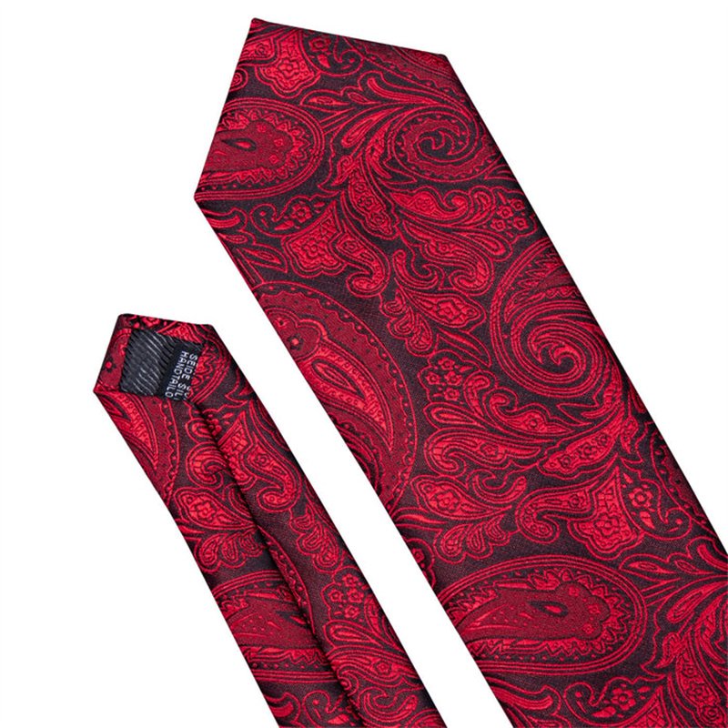 Black Red Paisley Necktie Pocket Square Cufflinks Set Silk Tie For Men