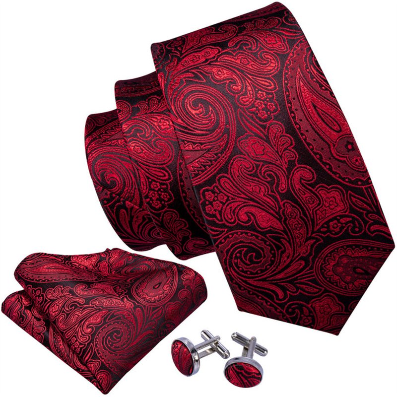 Black Red Paisley Necktie Pocket Square Cufflinks Set Silk Tie For Men