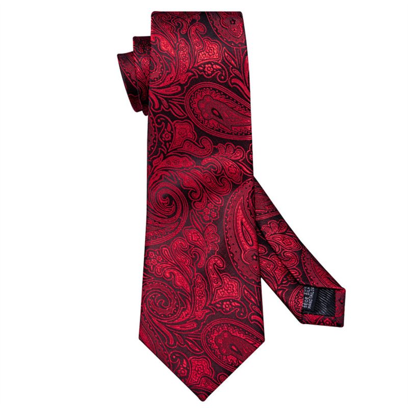 Black Red Paisley Necktie Pocket Square Cufflinks Set Silk Tie For Men