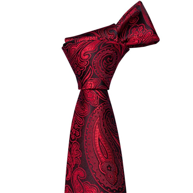 Black Red Paisley Necktie Pocket Square Cufflinks Set Silk Tie For Men