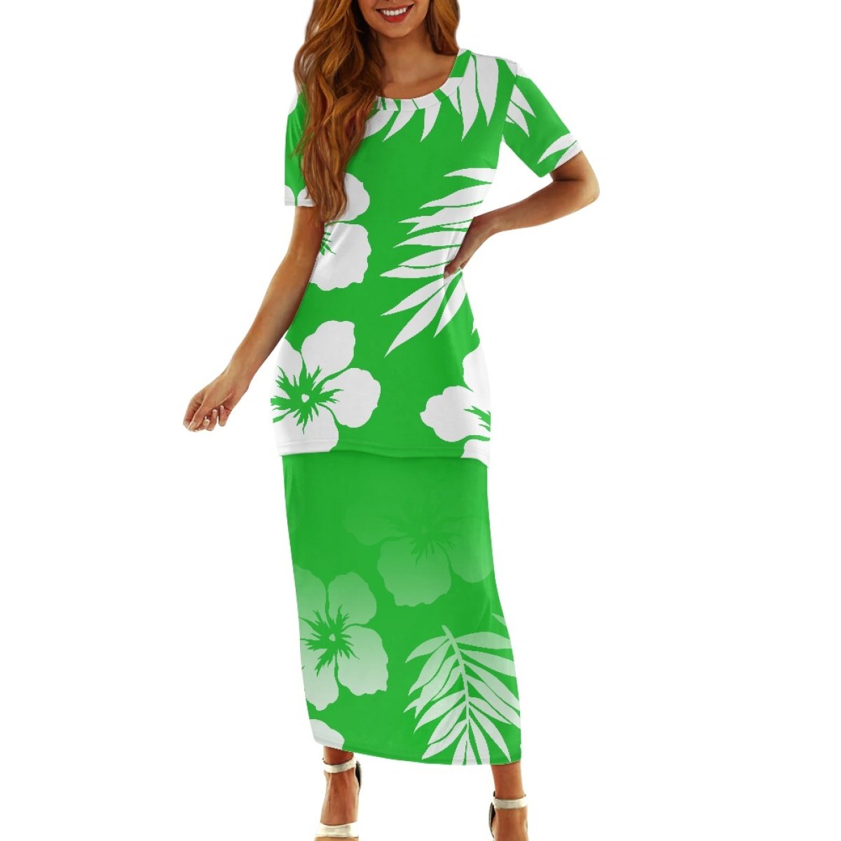 Hot Polynesian Samoa Tribal Wave Tie-Dye Puletasi Custom Sea Life Tropical Flowers Hibiscus & Palm Leaf Women 2 Pcs Dress Set
