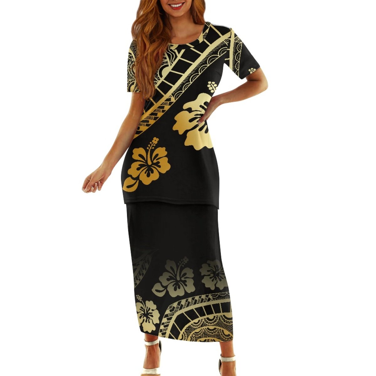 Hot Polynesian Samoa Tribal Wave Tie-Dye Puletasi Custom Sea Life Tropical Flowers Hibiscus & Palm Leaf Women 2 Pcs Dress Set