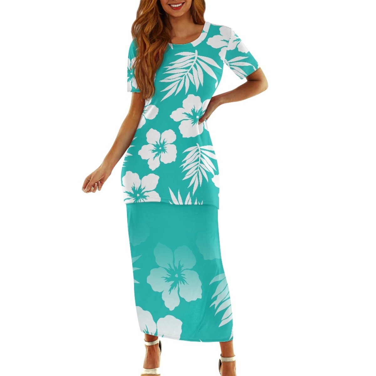 Hot Polynesian Samoa Tribal Wave Tie-Dye Puletasi Custom Sea Life Tropical Flowers Hibiscus & Palm Leaf Women 2 Pcs Dress Set
