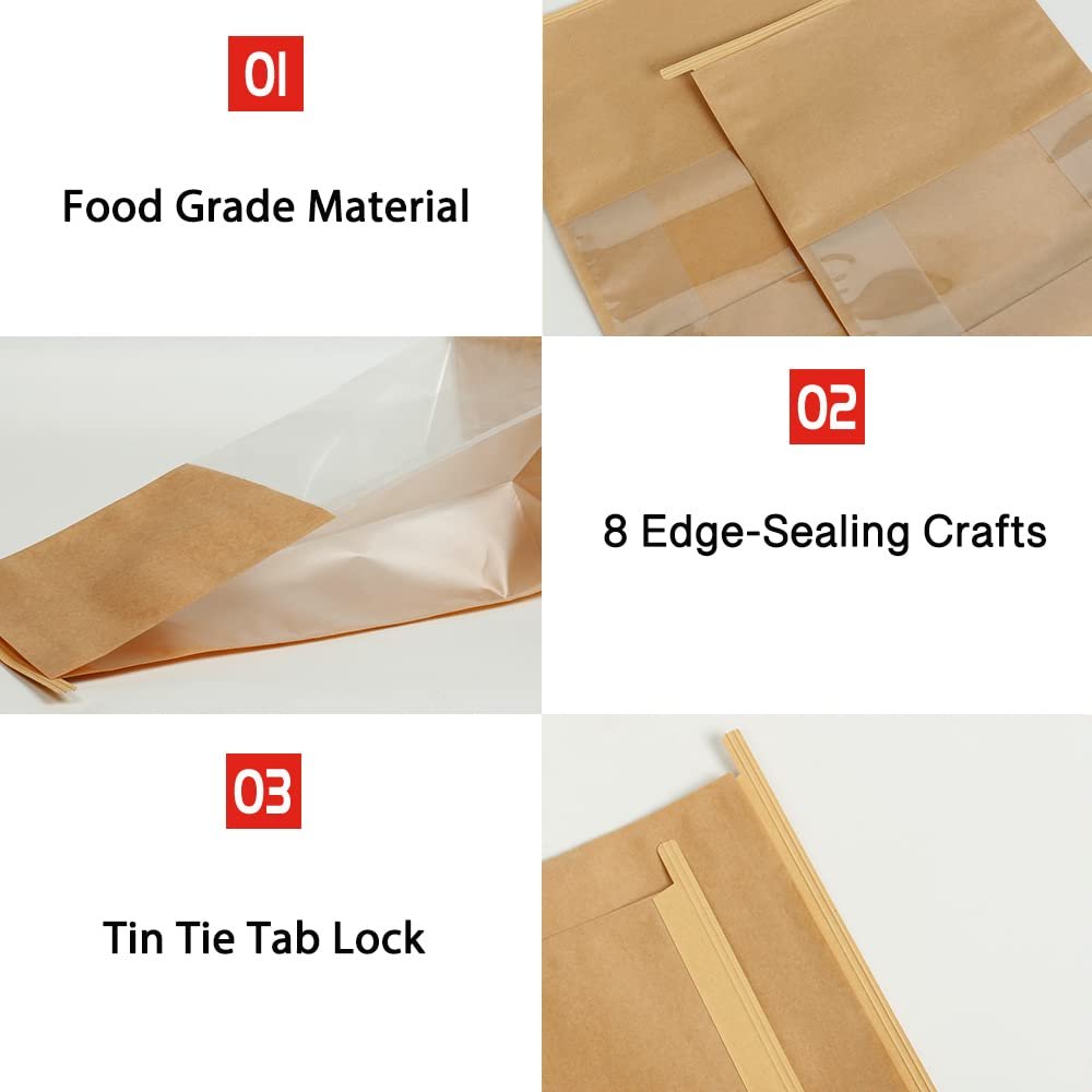Bakery Bags with Window Tin Tie Tab Lock Kraft Tin Tie Bags Cookie Paper Bread Kraft Bags