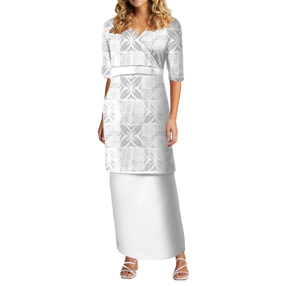 New Design White Sunday V Neck Samoa Puletasi Ptaha Customize Polynesian Tribal Print Top And Skirts Womens 2 Piece Sets Dress