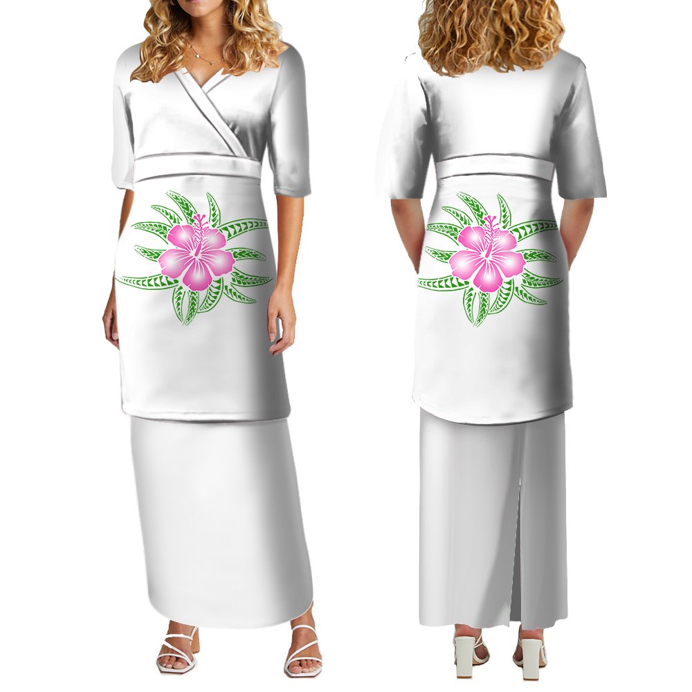New Design White Sunday V Neck Samoa Puletasi Ptaha Customize Polynesian Tribal Print Top And Skirts Womens 2 Piece Sets Dress