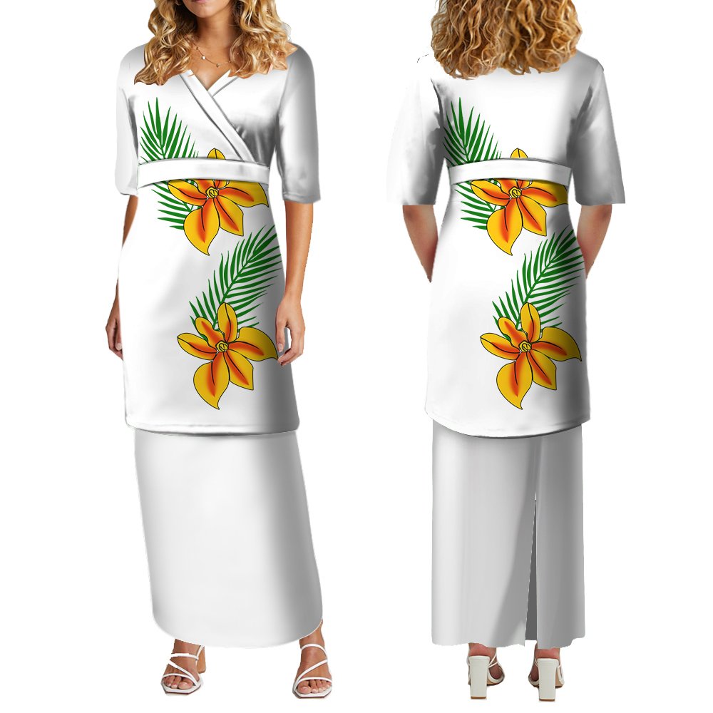 New Design White Sunday V Neck Samoa Puletasi Ptaha Customize Polynesian Tribal Print Top And Skirts Womens 2 Piece Sets Dress