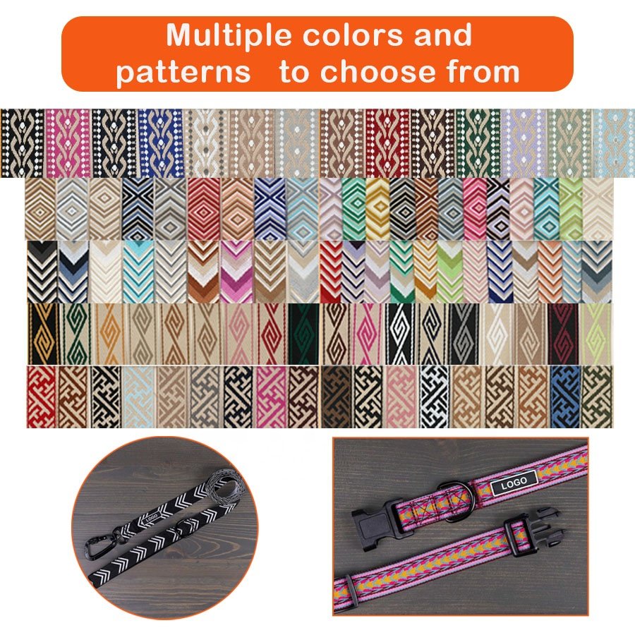 Custom Designer Nylon Webbing Jacquard Colorful Swivel Locking Aluminium Carabiner Hook Clip Dog Lead Dog collar and leash walk