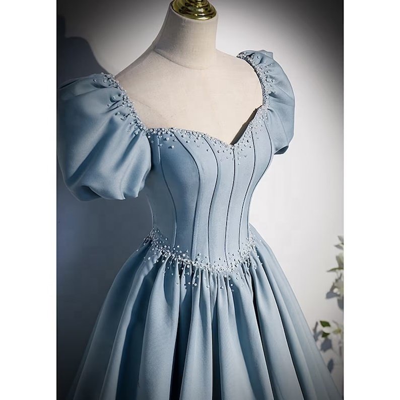 Blue Prom Gown With Short Sleeve Princess Gown For Photoshoot Bridal Party Dress For Women