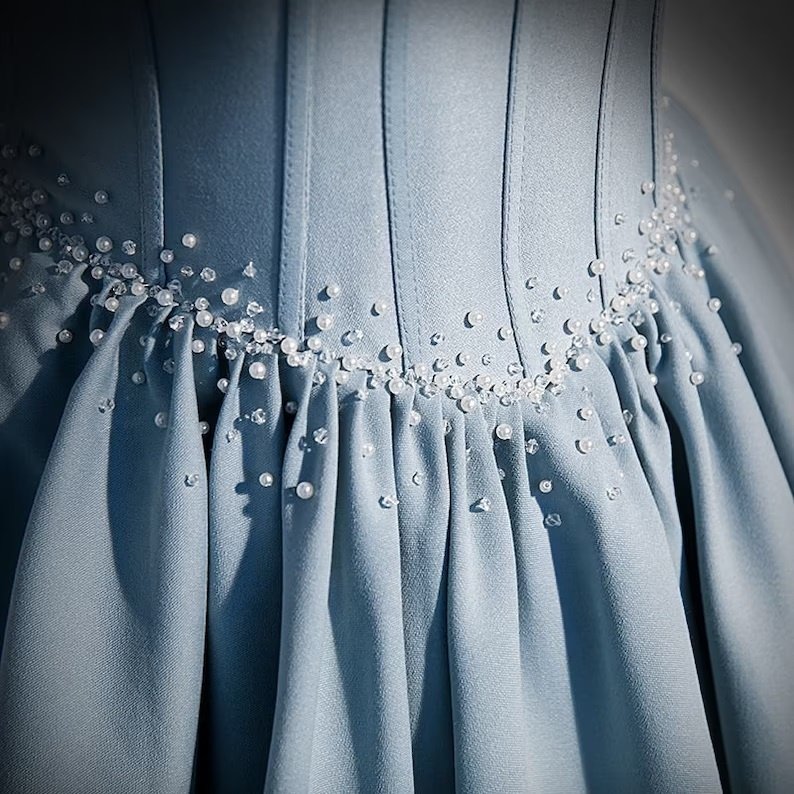 Blue Prom Gown With Short Sleeve Princess Gown For Photoshoot Bridal Party Dress For Women