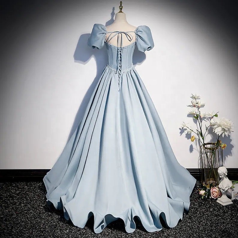 Blue Prom Gown With Short Sleeve Princess Gown For Photoshoot Bridal Party Dress For Women