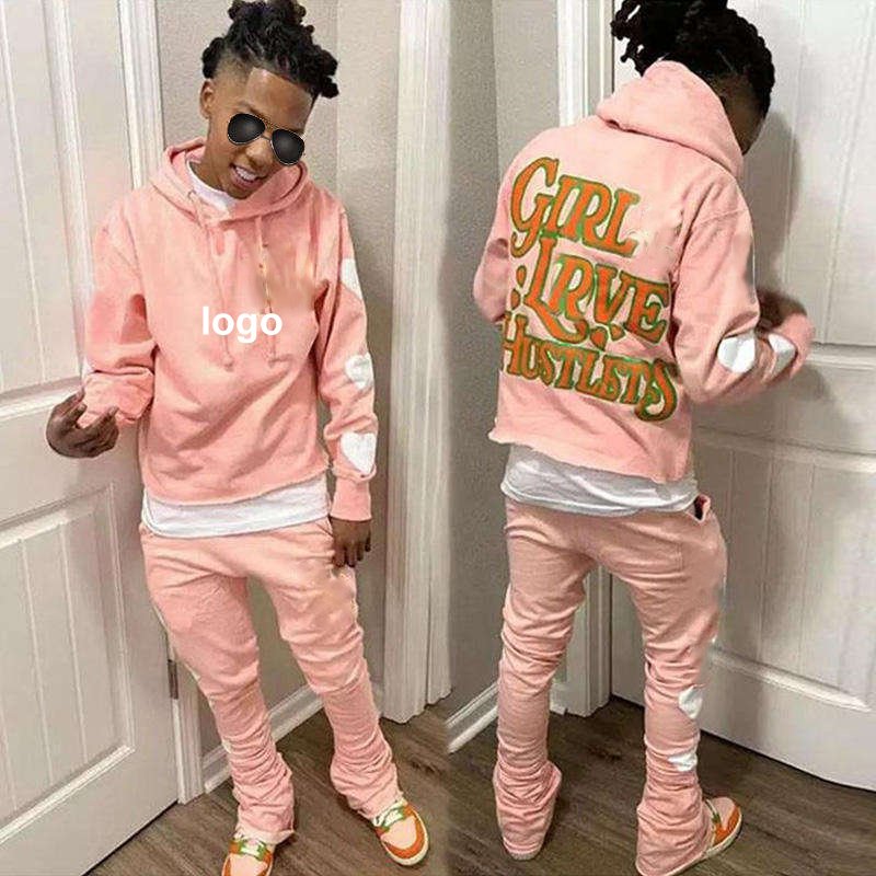 Streetwear Acid Washed Sweat Suits Zipper Hoodies Tracksuit Set Acid Wash Distress Patch Flared Sweatpants And Hoodie Set