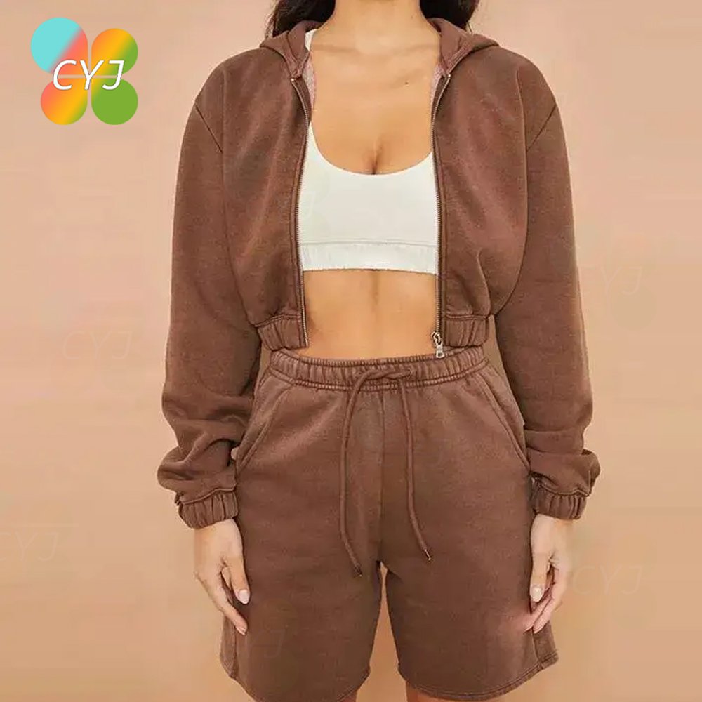 Blank essentials manufacturer custom logo print cropped sweatshirt streetwear 100% cotton zip up hoodies crop top hoodie women