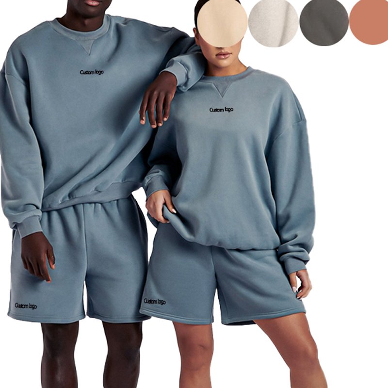 Couple clothes sweat suit set blank cotton gym logo fleece hoodie men shorts sets tracksuit training jogging wear