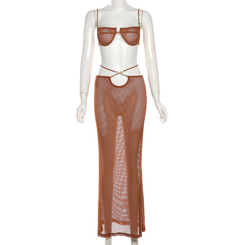 STOCK 3Colors Underwire Bikini Top Knit Women Two Pieces Set Chains Fishnet Skirt See Through Outfits