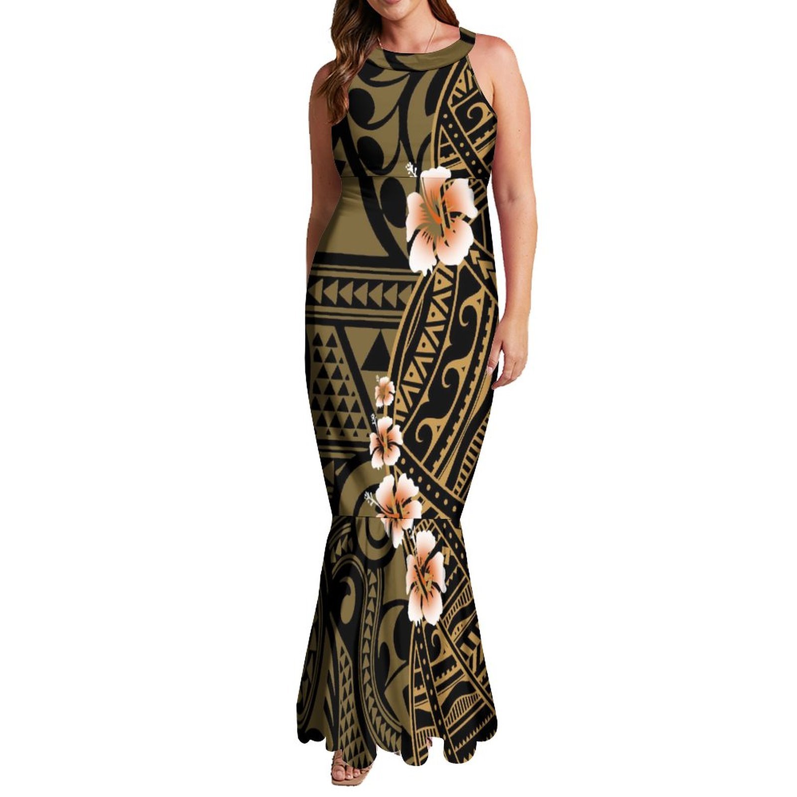 New Tileable Basket Weave Design Sleeveless Halter Fishtail Evening Dresses Pacific Island Art Polynesian Tribal Mermaid Dresses
