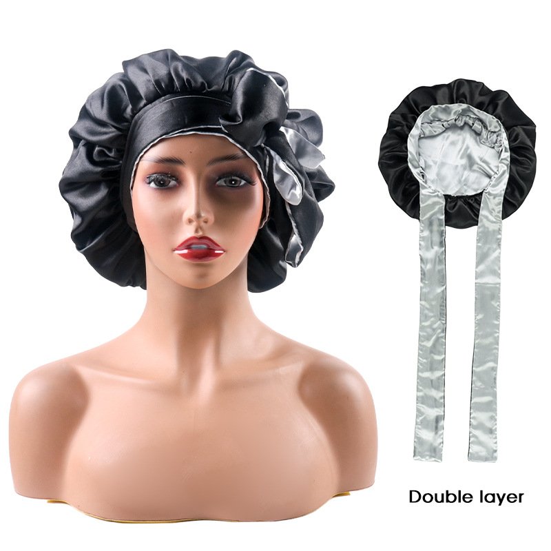 Custom Print Satin Silk Bonnet for Sleeping Cap for Curly Hair Bonnet for Women Two Layer Reversible Bonnet with Tie Band
